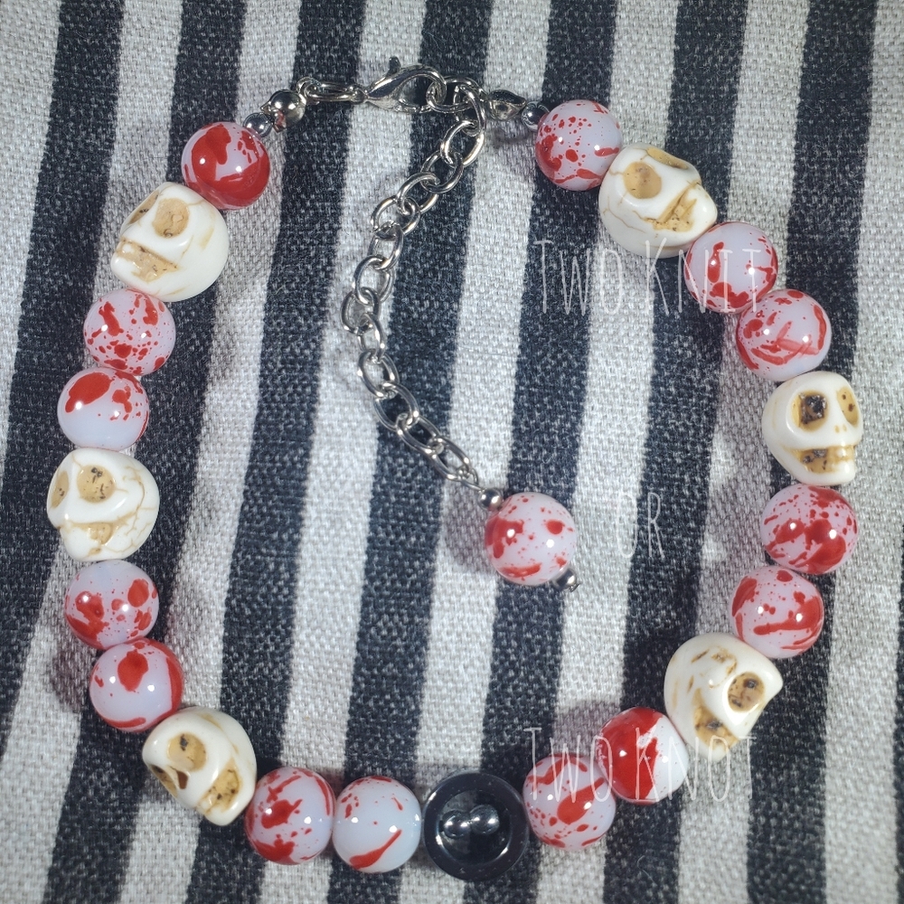 Handmade Adjustable Hematite And Howlite Skull Bead Bracelet - Red and White NWT